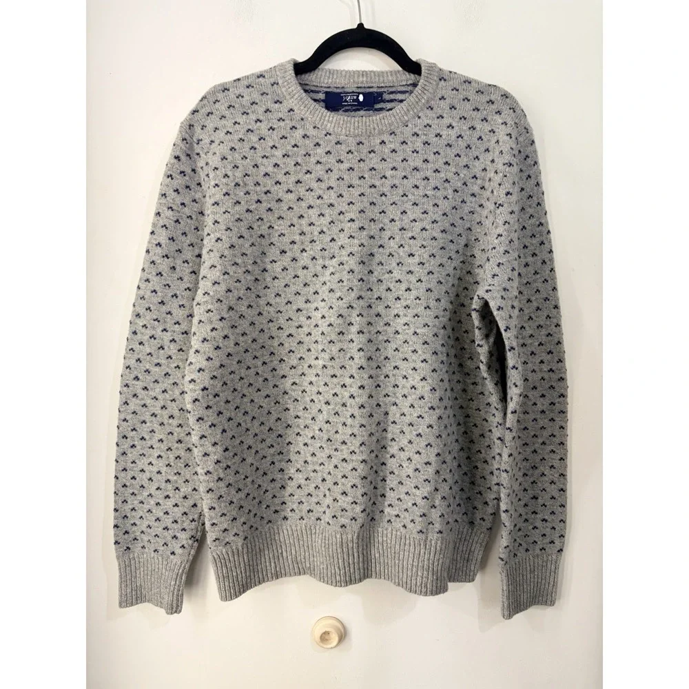 J.Crew Men's Large 100% Lambswool Gray Blue Birdseye Crewneck Sweater